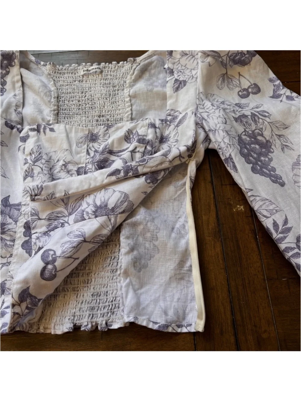 REFORMATION Blouse Top Carla Stilton Linen Puff Sleeve Floral Print White Blue 2